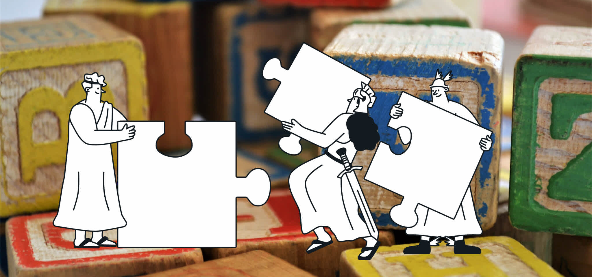 Tres dioses montando un puzzle