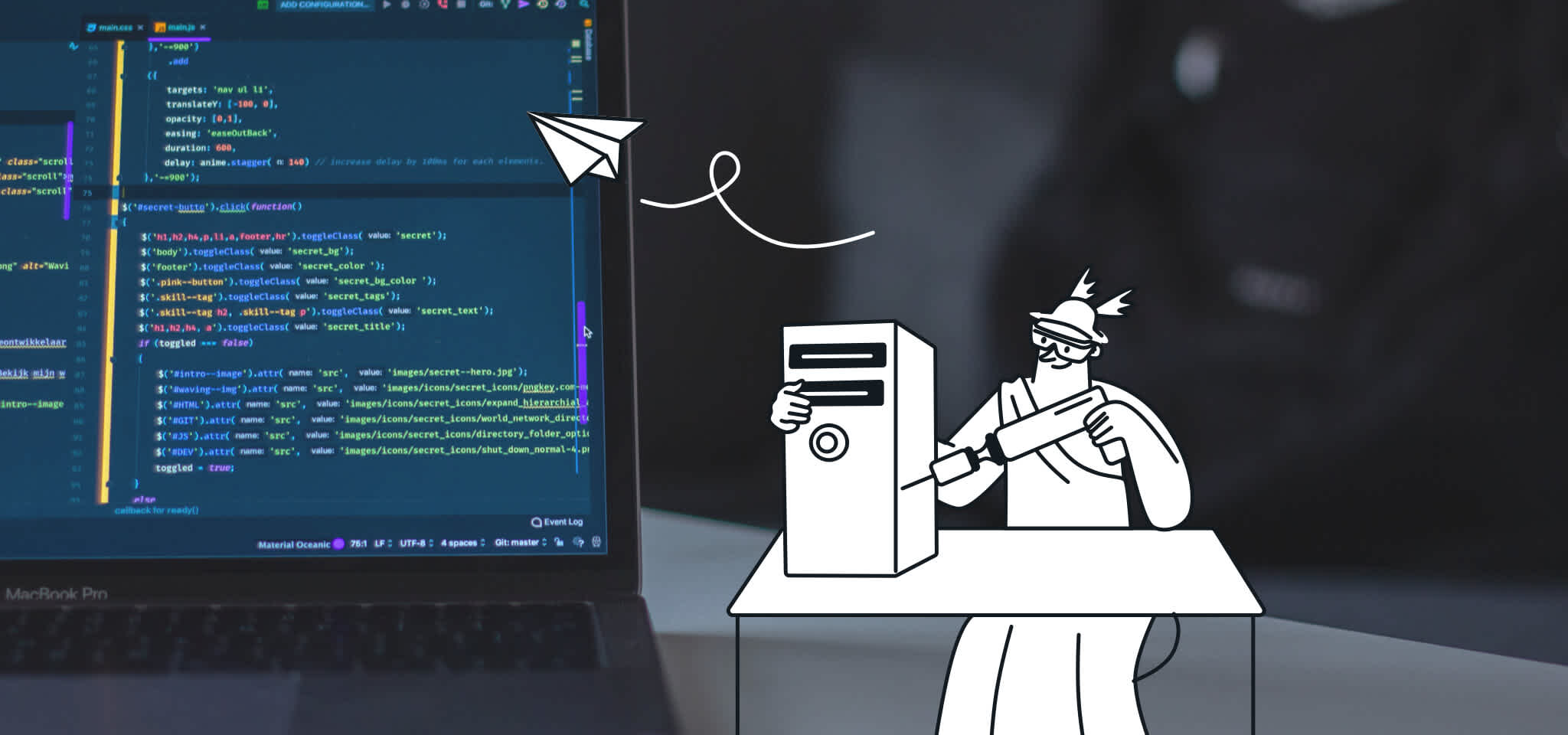 Hermes-Reparaturfall vor dem Bildschirm mit Codes