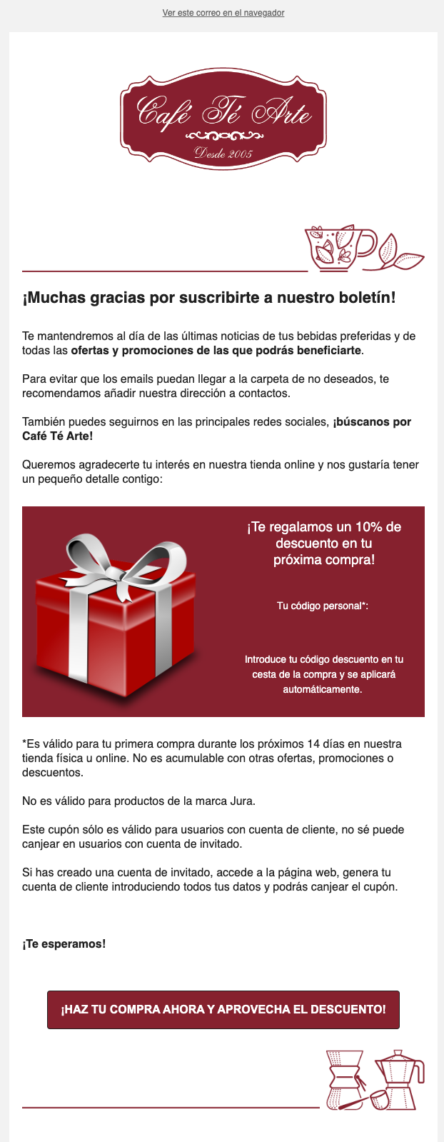 Email de agradecimiento de Café Té Arte