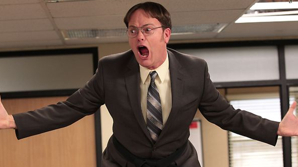 Dwight from "The Office" in a panicked expression
