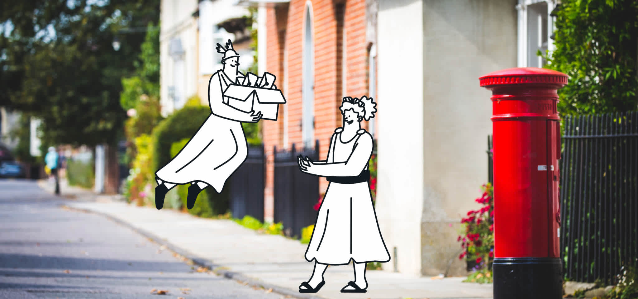 Hermes entrega cartas a una diosa en la calle