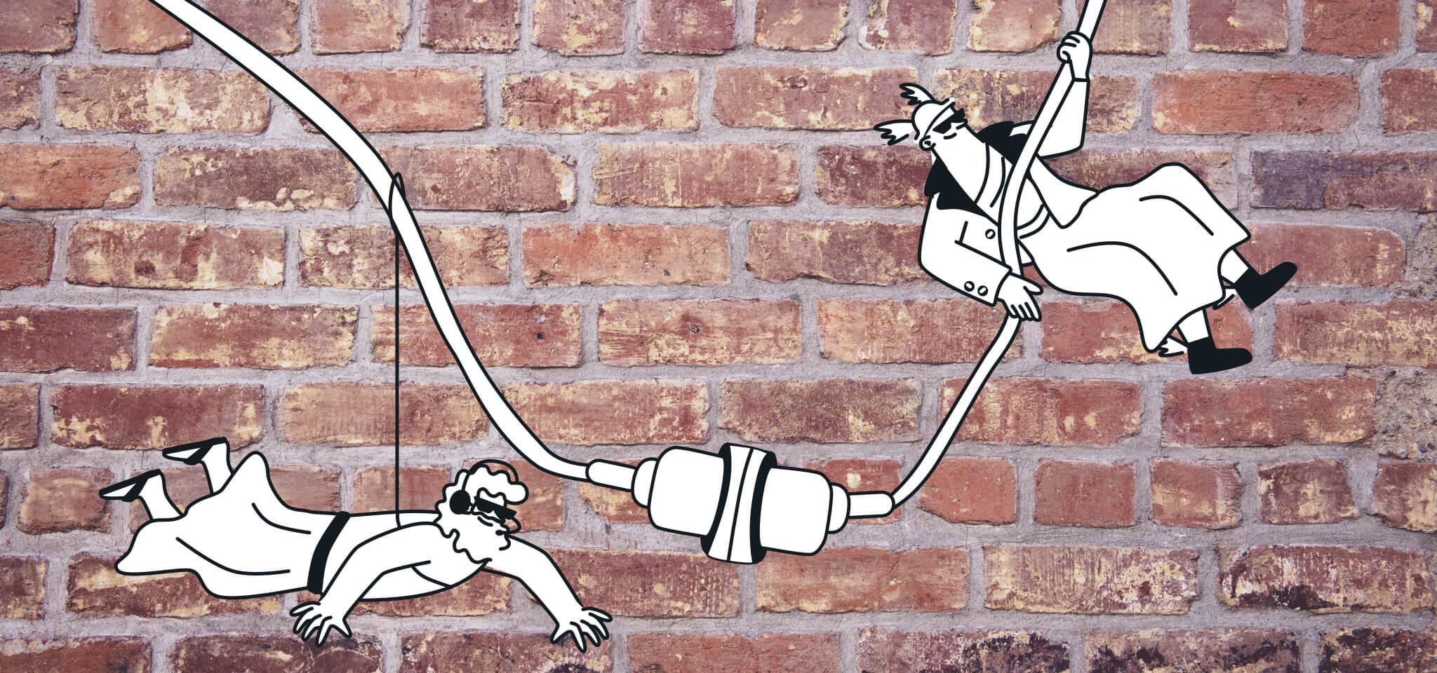 Hermes and a God hang from a cable in front of a brick wall