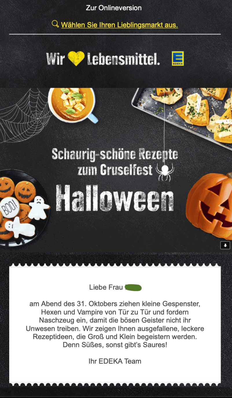Edeka Newsletter der mit Leckereien für Halloween wirbt