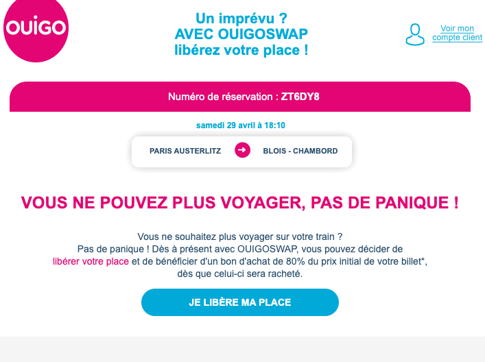 Capture d'écran d'un email promotionnel de Ouigo 