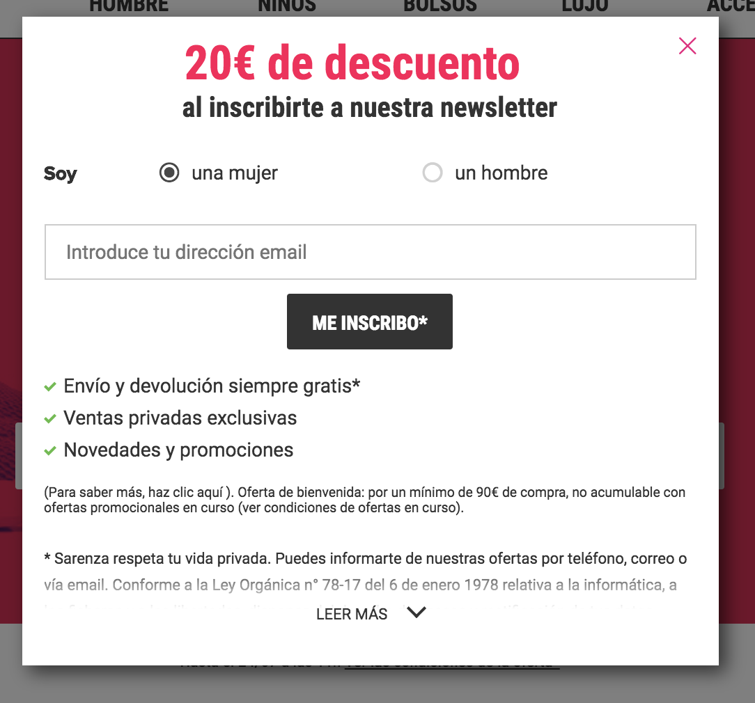 Pop up de suscripción a newsletter