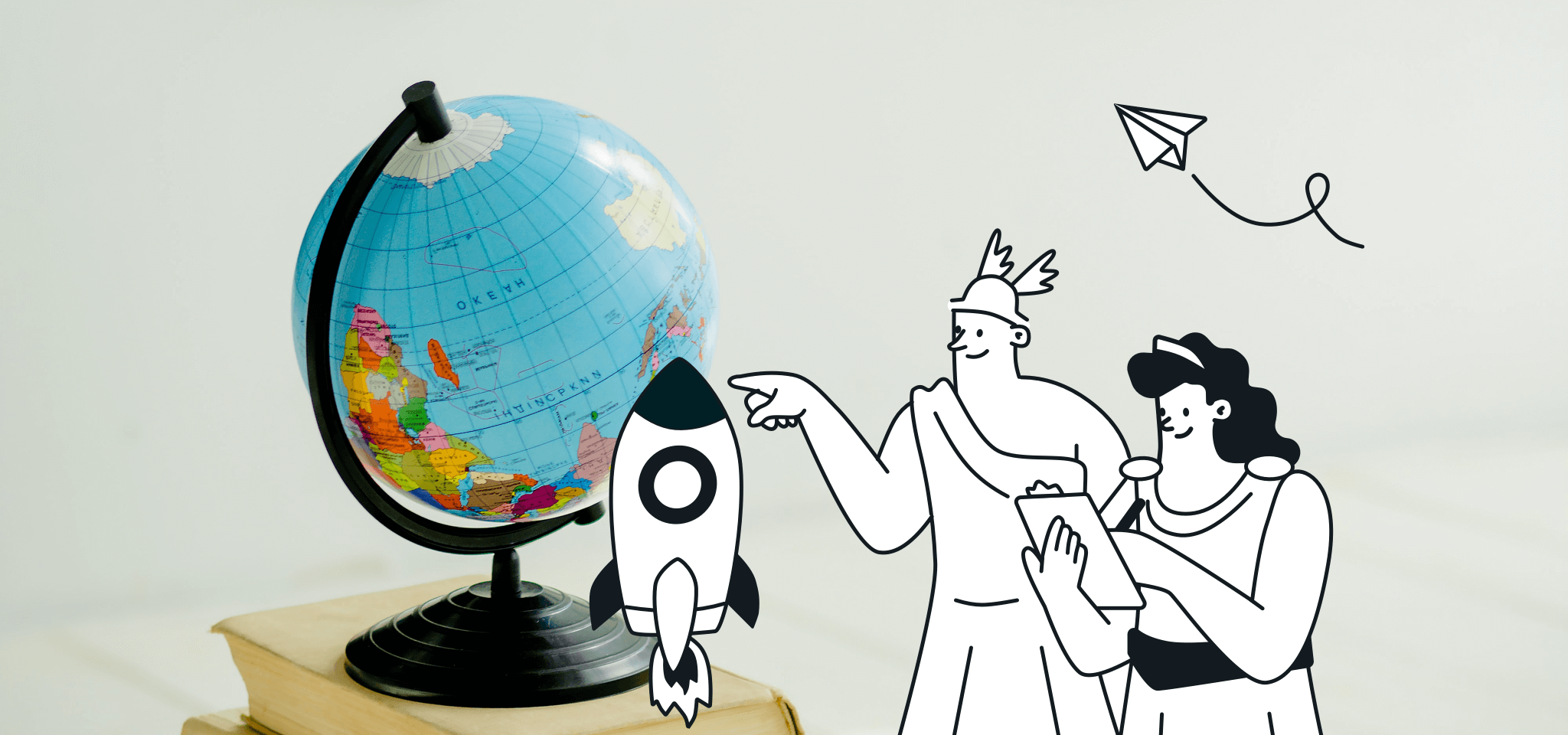 Hermes and Hera looking at the globe