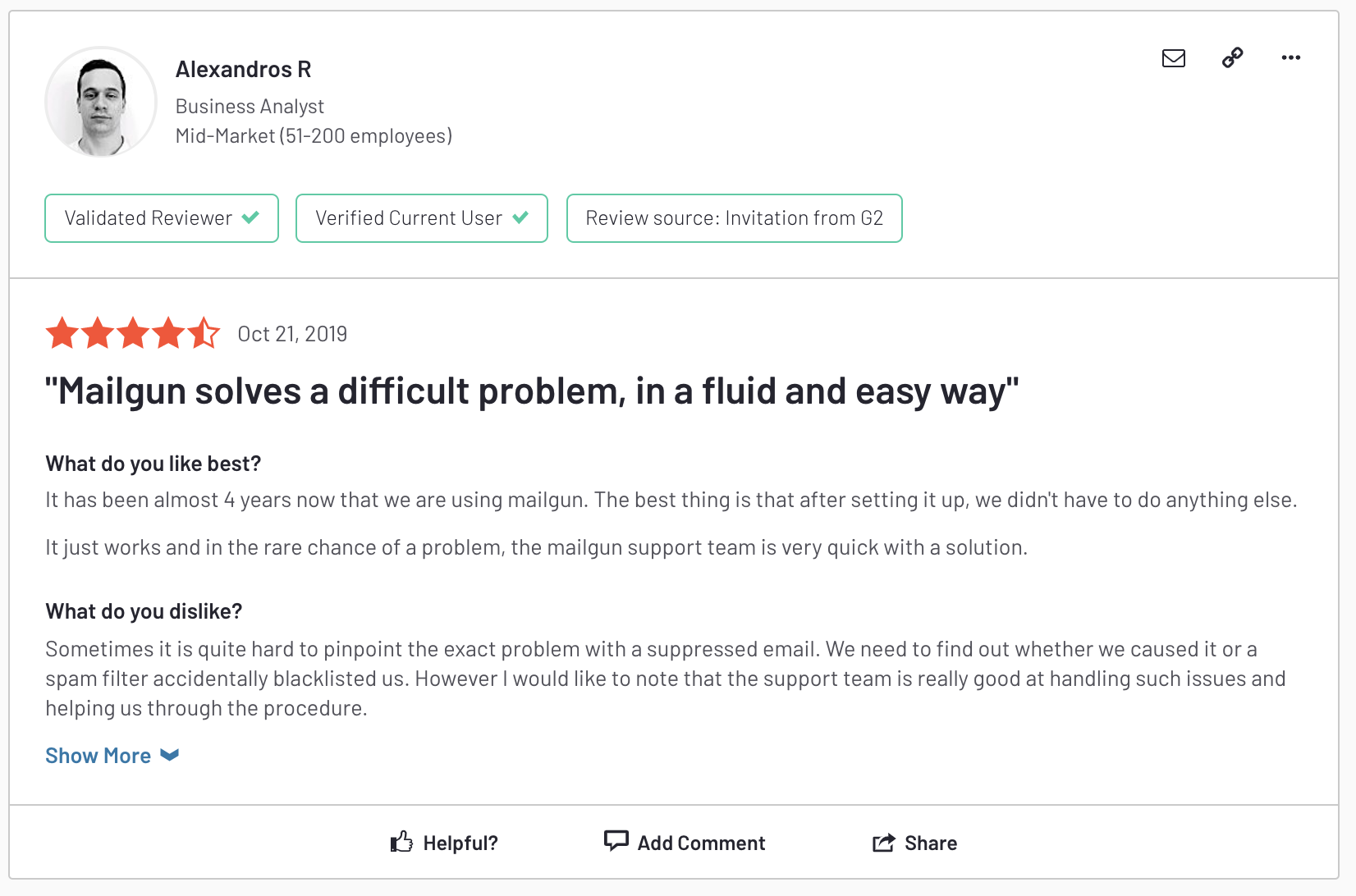 Screenshot of 4.5 star G2 review of Mailgun from Alexandros R.