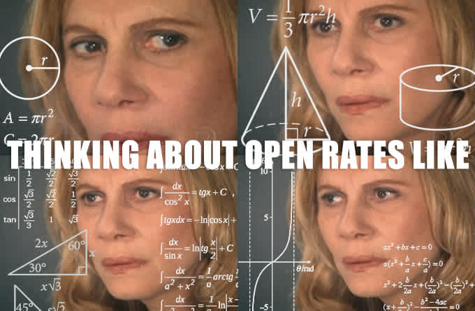 Confused woman meme with "Thinking about open rates" text