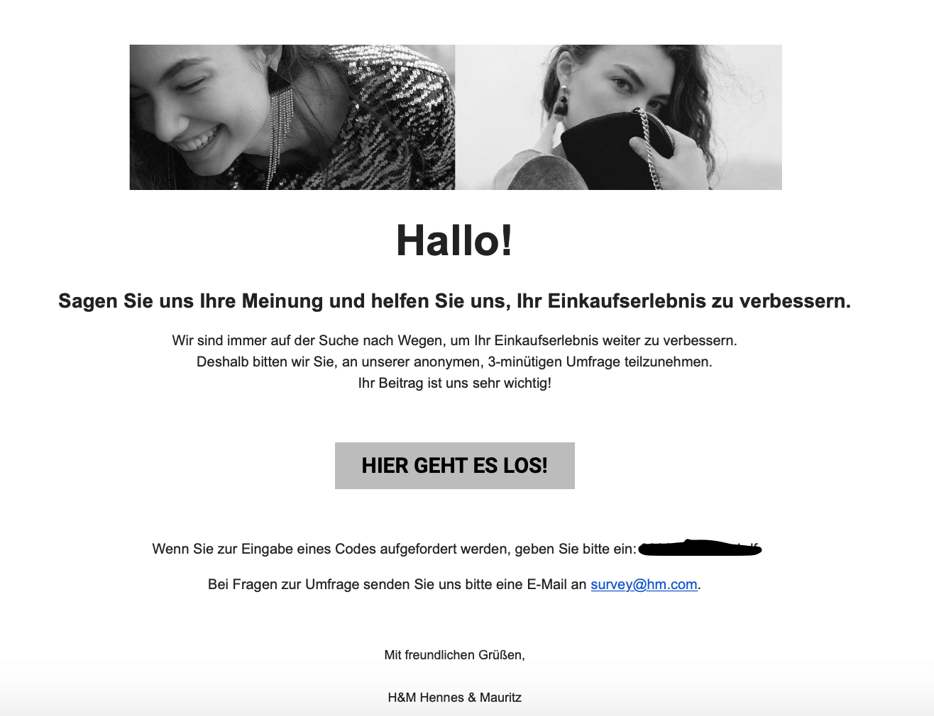 Beispiel einer Feedback E-Mail mit klar erkennbaren CTA im Design der Marke H&M