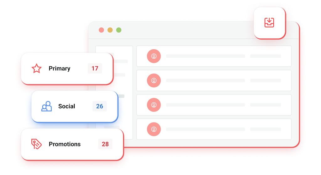 Illustration of an inbox with primary, social, and promotion tabs to filter email.