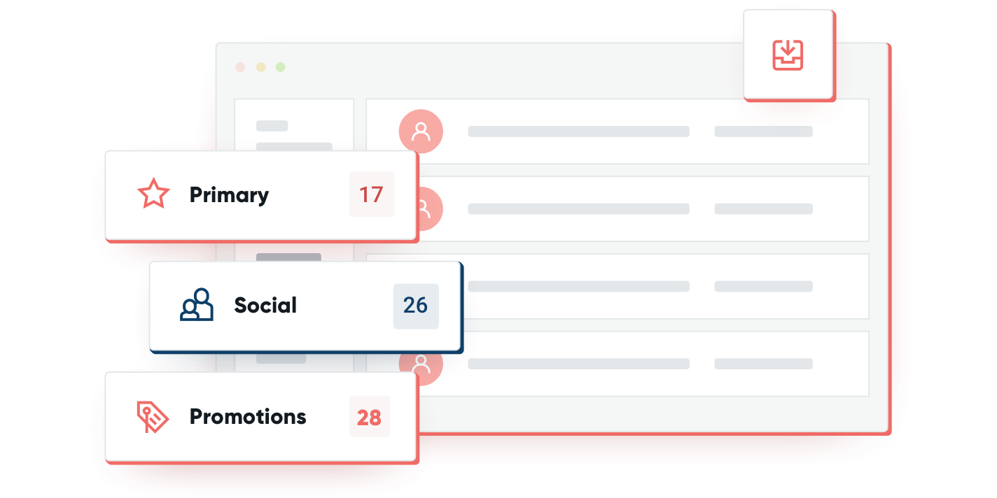 Illustration of an inbox with primary, social, and promotion tabs to filter email.