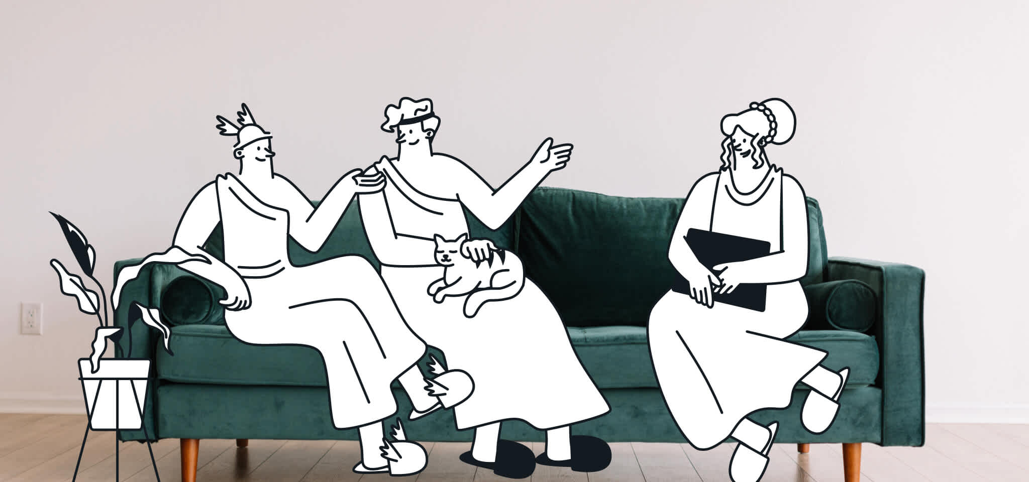 Gods chat on a sofa with a cat