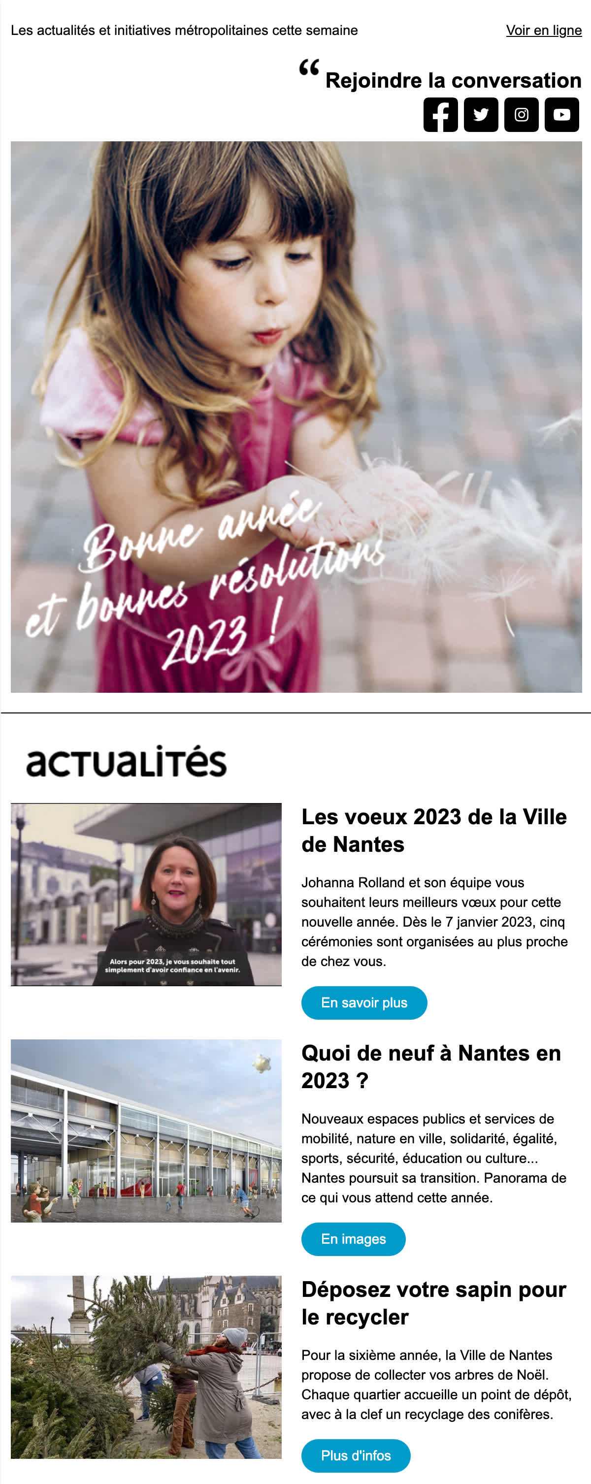 Capture d’écran de l’email de vœux de bonne année 2023 envoyé par la ville de Nantes