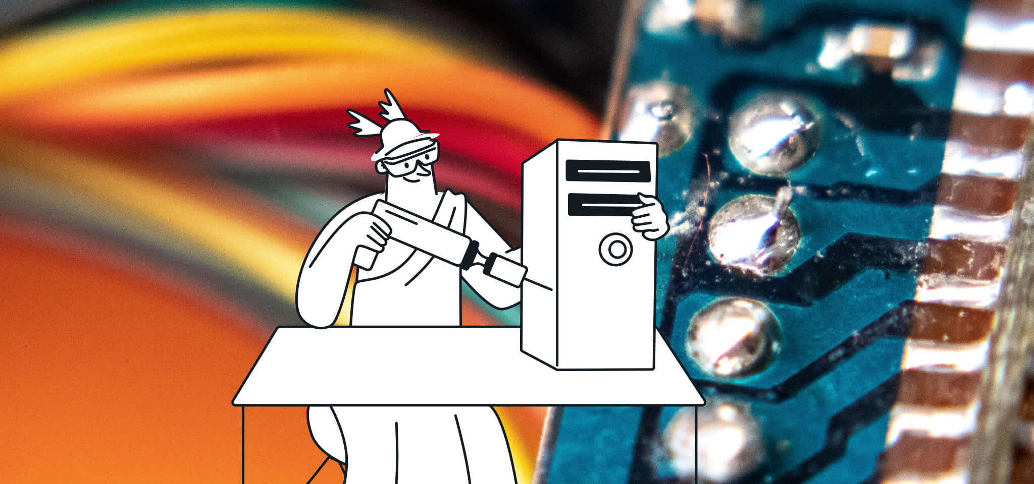 Dieu avec des lunettes perçant dans un disque dur avec un fond coloré