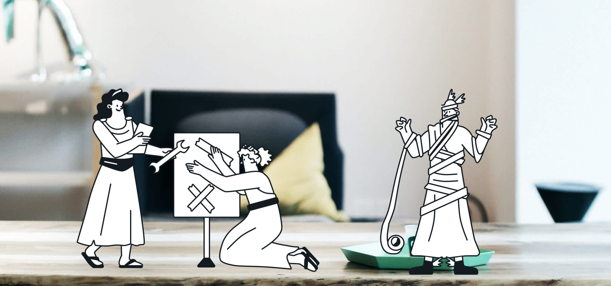 Hermes is wrapped up while two Goddesses try to fix a sign