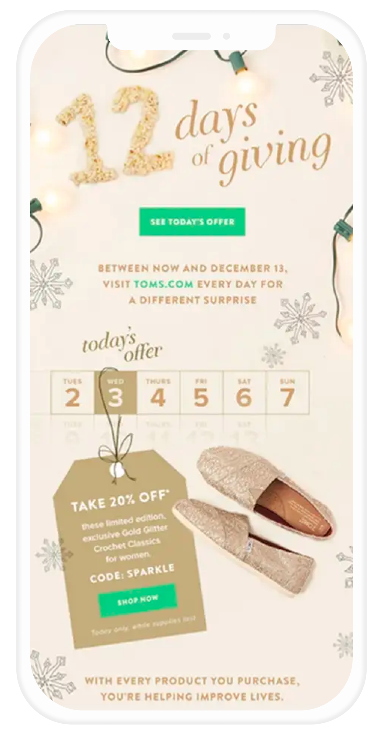 Email from TOMS with an advent calendar of offers.