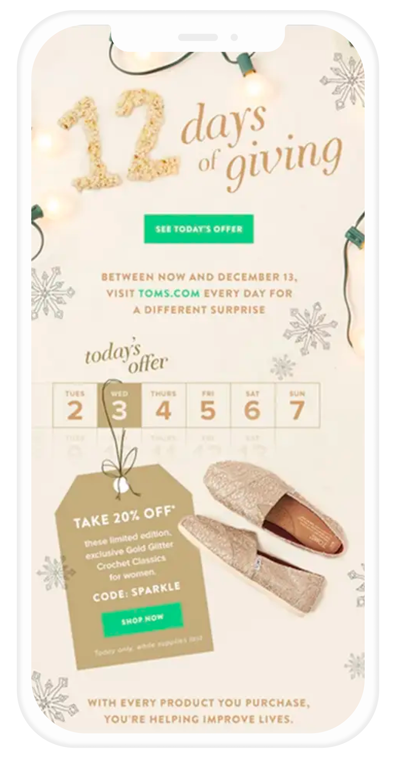 Email de TOMS con un calendario de adviento de ofertas.