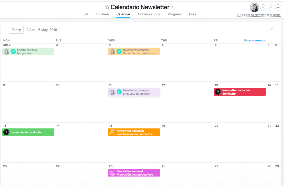 Ejemplo de un calendario de envíos de newsletter semanal