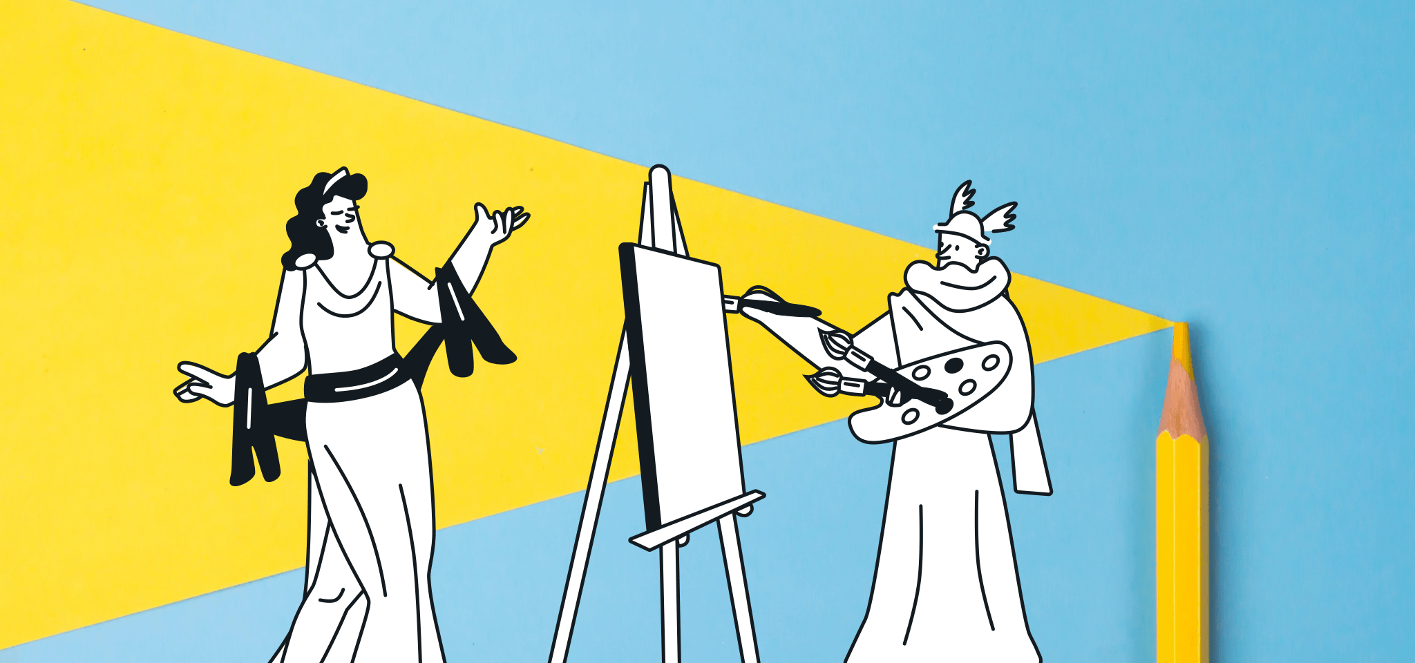 Hermes pinta a una diosa sobre amarillo y azul