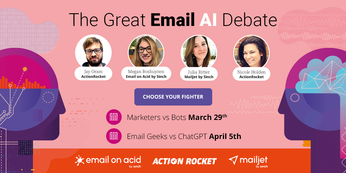The Great Email AI Debate webinar banner featuring key speaker headshots