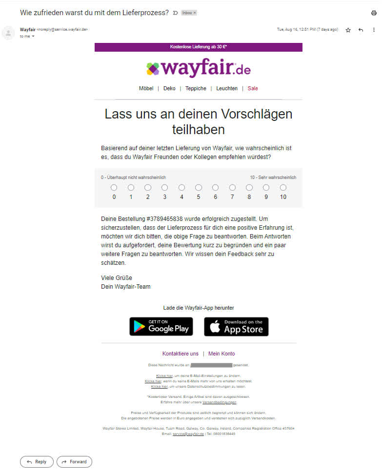 Lieferprozessbewertung von Wayfair, Noreply-E-Mail
