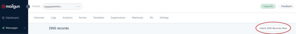 Button for "Check DNS Records Now" on Mailgun dashboard