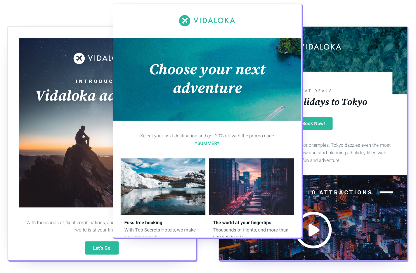 Various email templates showing how Mailjet is a powerful email builder.