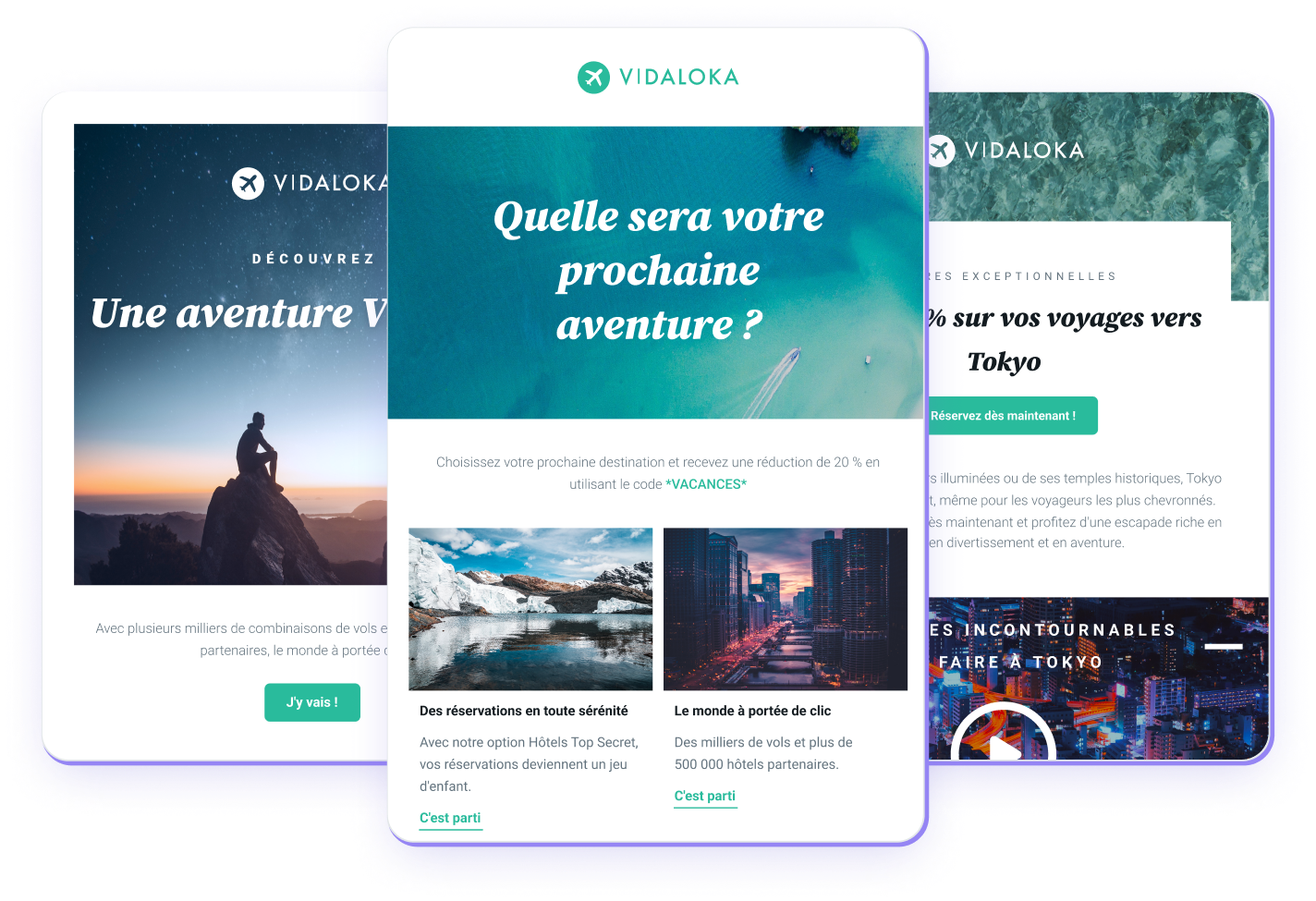 Différents modèles d’emails qui montrent comment Mailjet est un puissant outil de création d’emails.