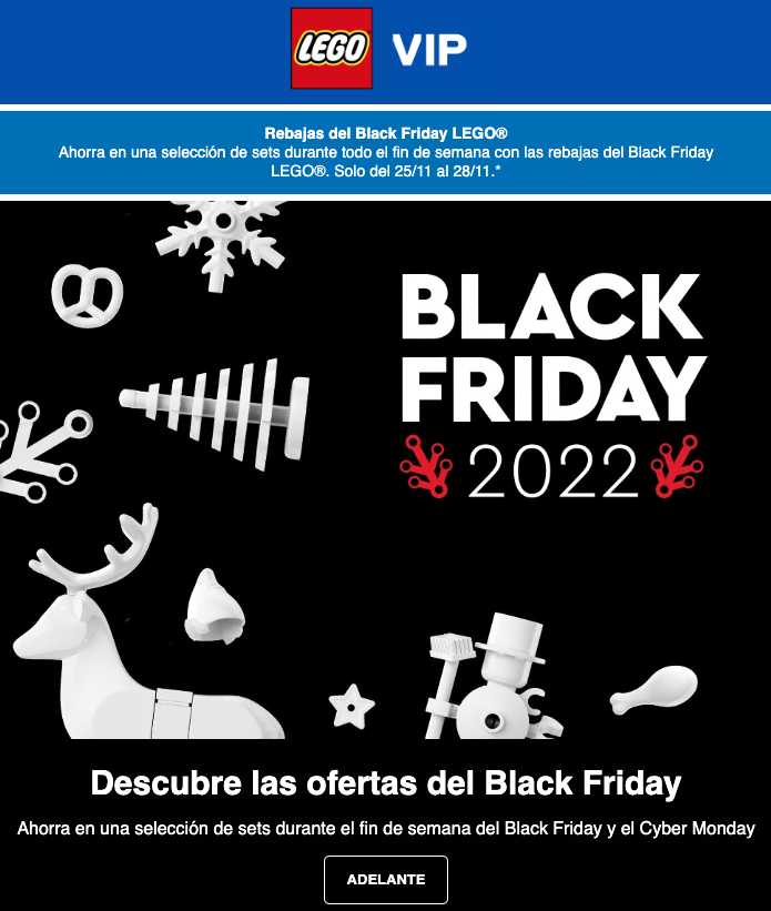 Email de Lego con un marcado estilo de Black Friday y connotaciones navideñas.