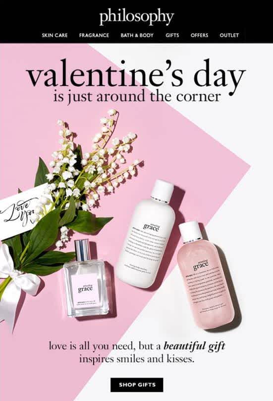 Philosophy Valentine’s Day email campaign featuring scattered products.