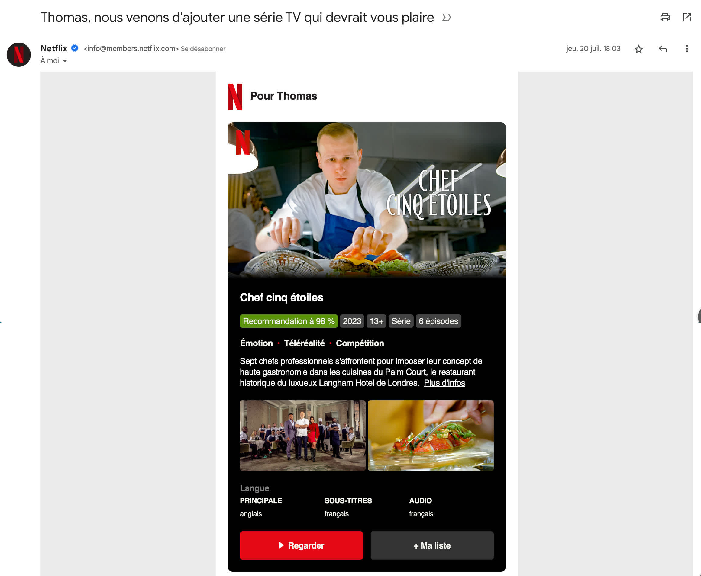 Capture d’écran d’un email personnalisé envoyé par Netflix