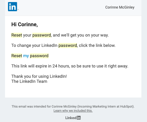 LinkedIn password reset transactional email