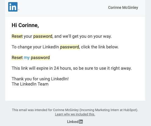 LinkedIn password reset transactional email