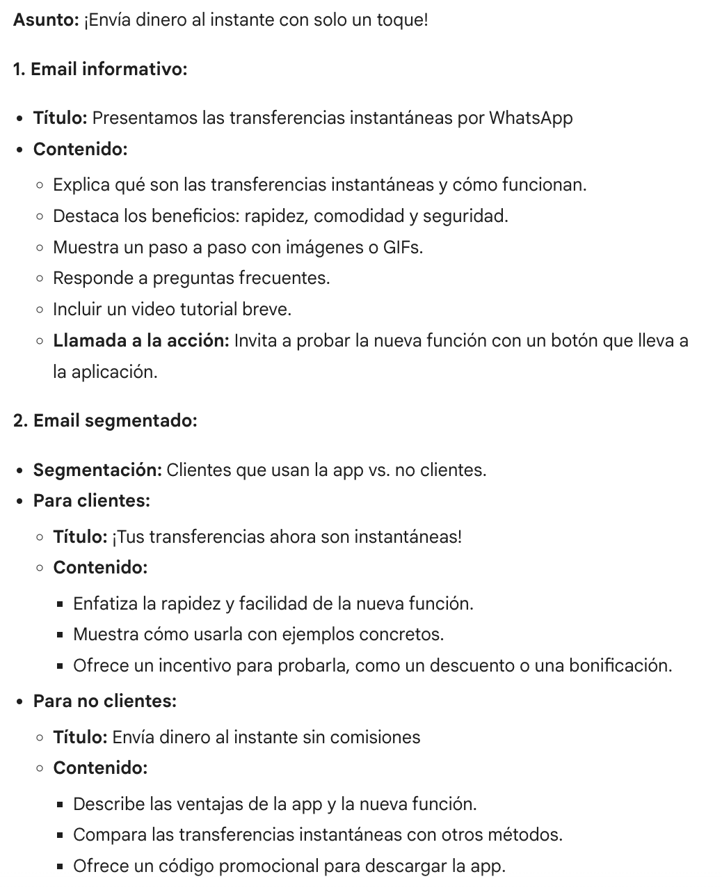 Dos ideas de campañas de email generadas por Gemini