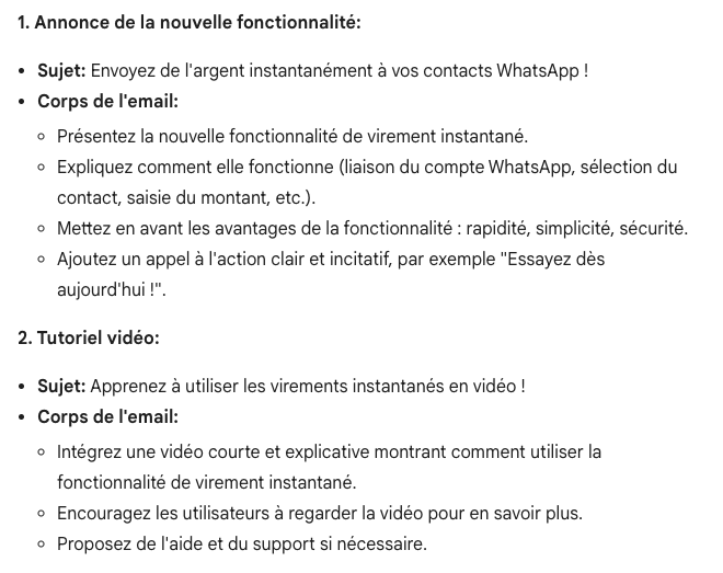 Deux idées de campagne d’emailing générées par Gemini