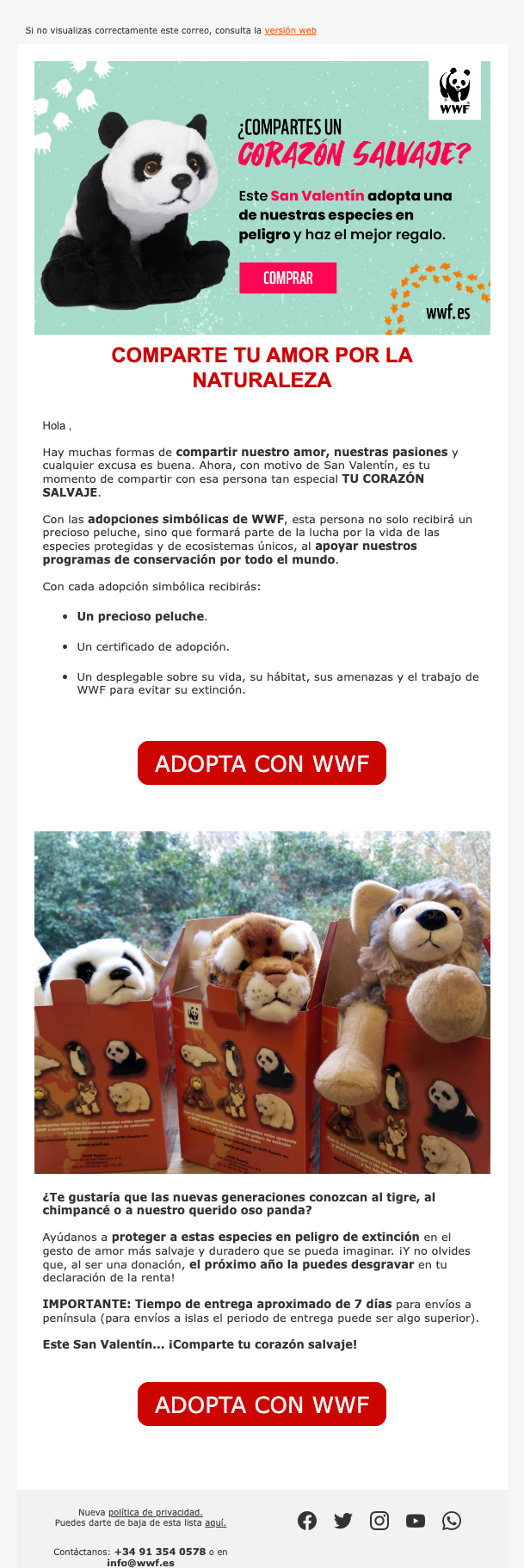 Un correo de WWF enfocado en San Valentín y aumentar las adopciones.