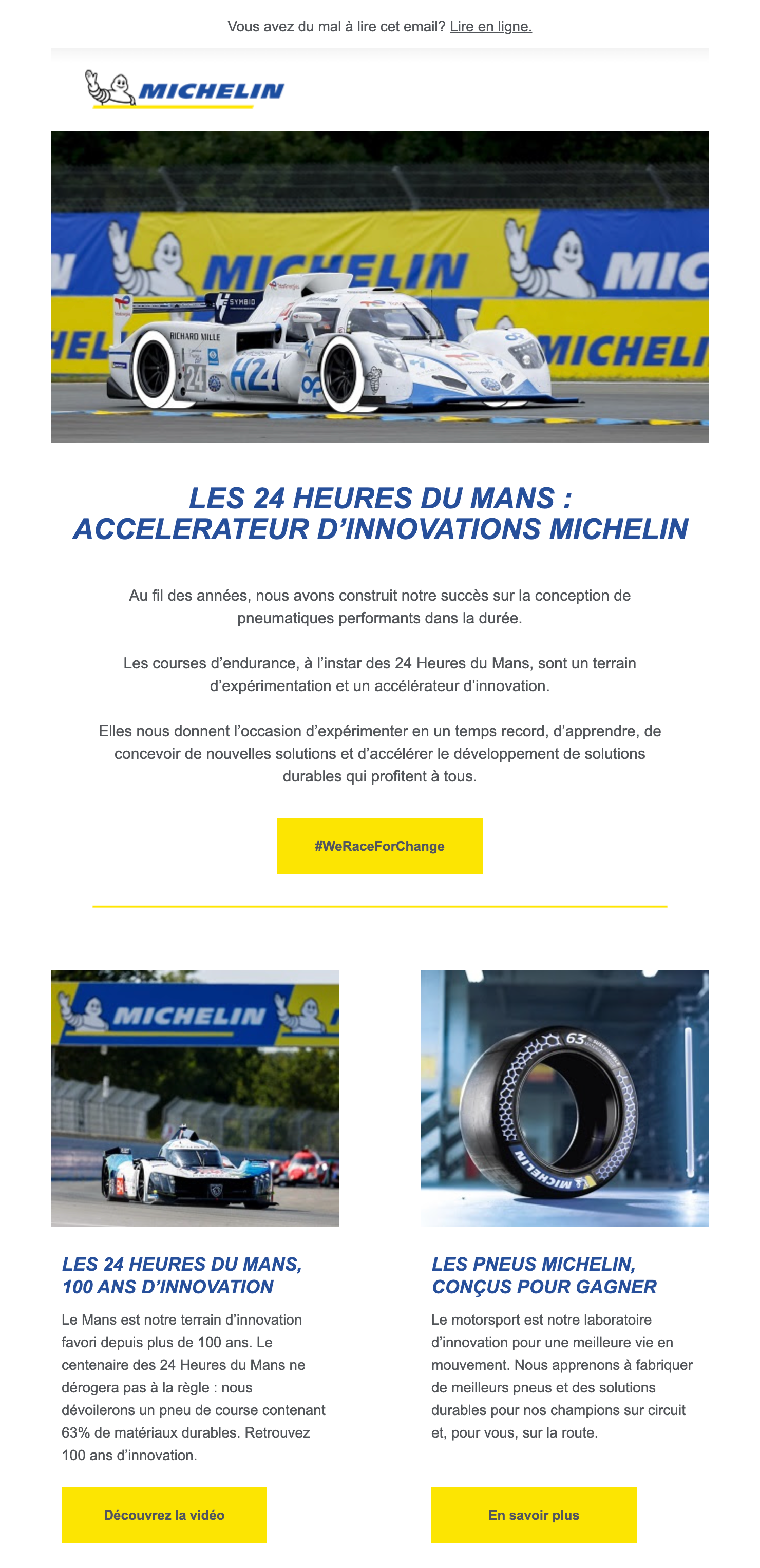 Capture d’écran d’un email envoyé par Michelin à l’occasion des 24 Heures du Mans auto