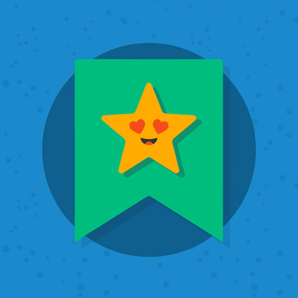 orange star with heart eyes and open smile in a green square.