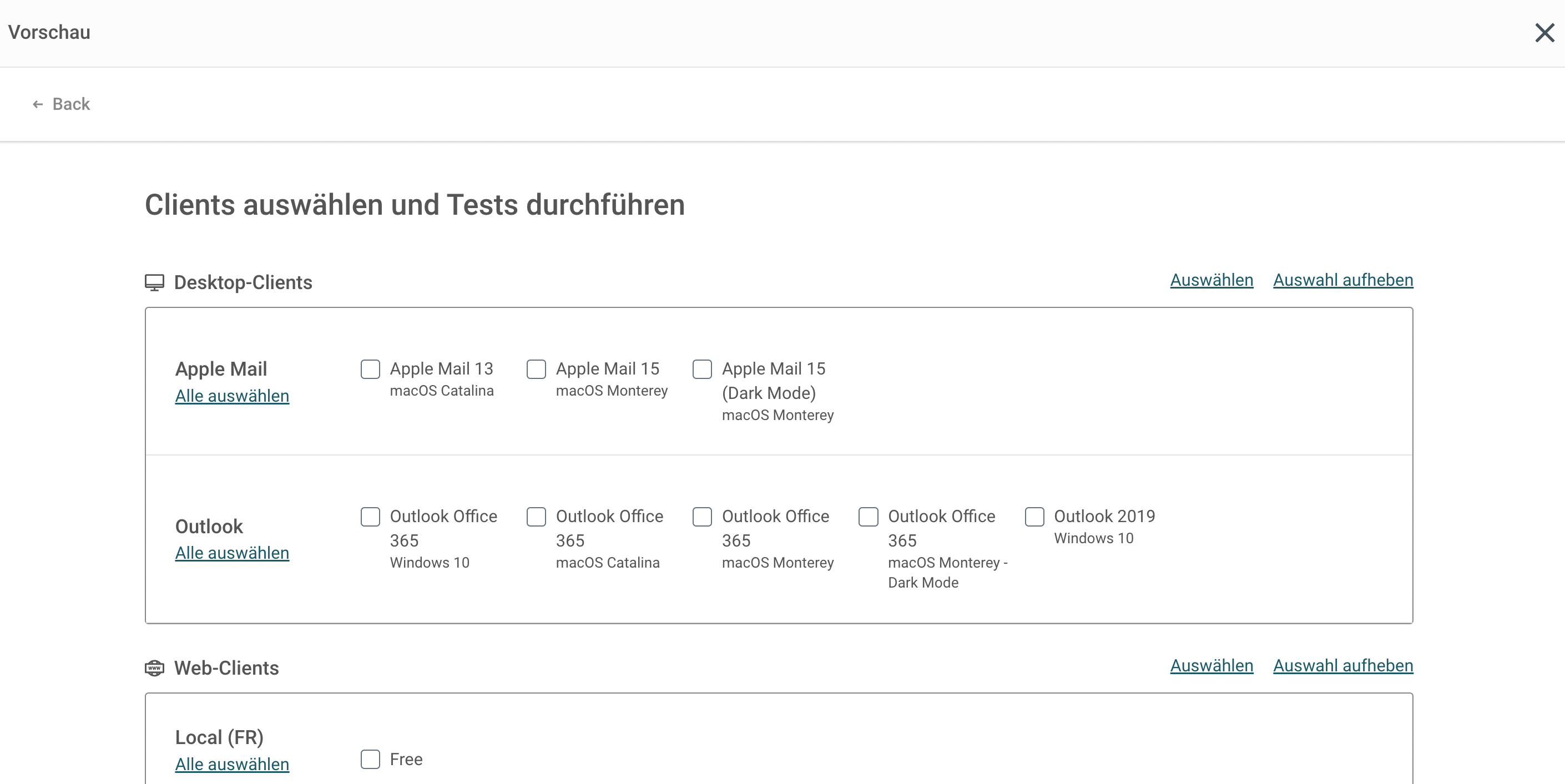 Klicken Sie nach der Auswahl auf „Test durchführen“ und wählen Sie die für Sie relevanten Optionen.