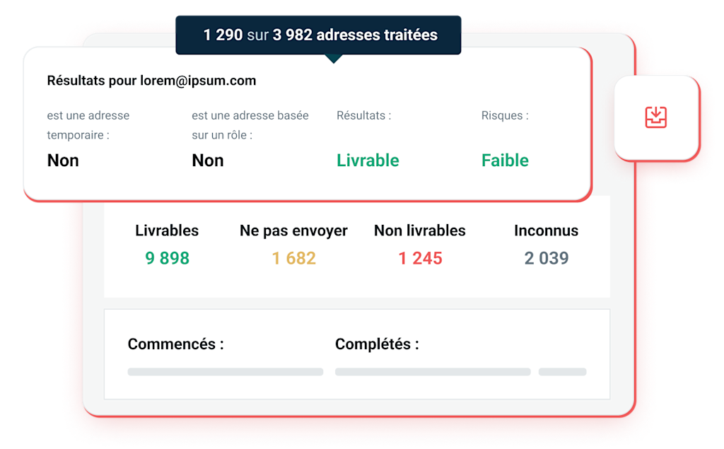 Résultats de la validation des emails