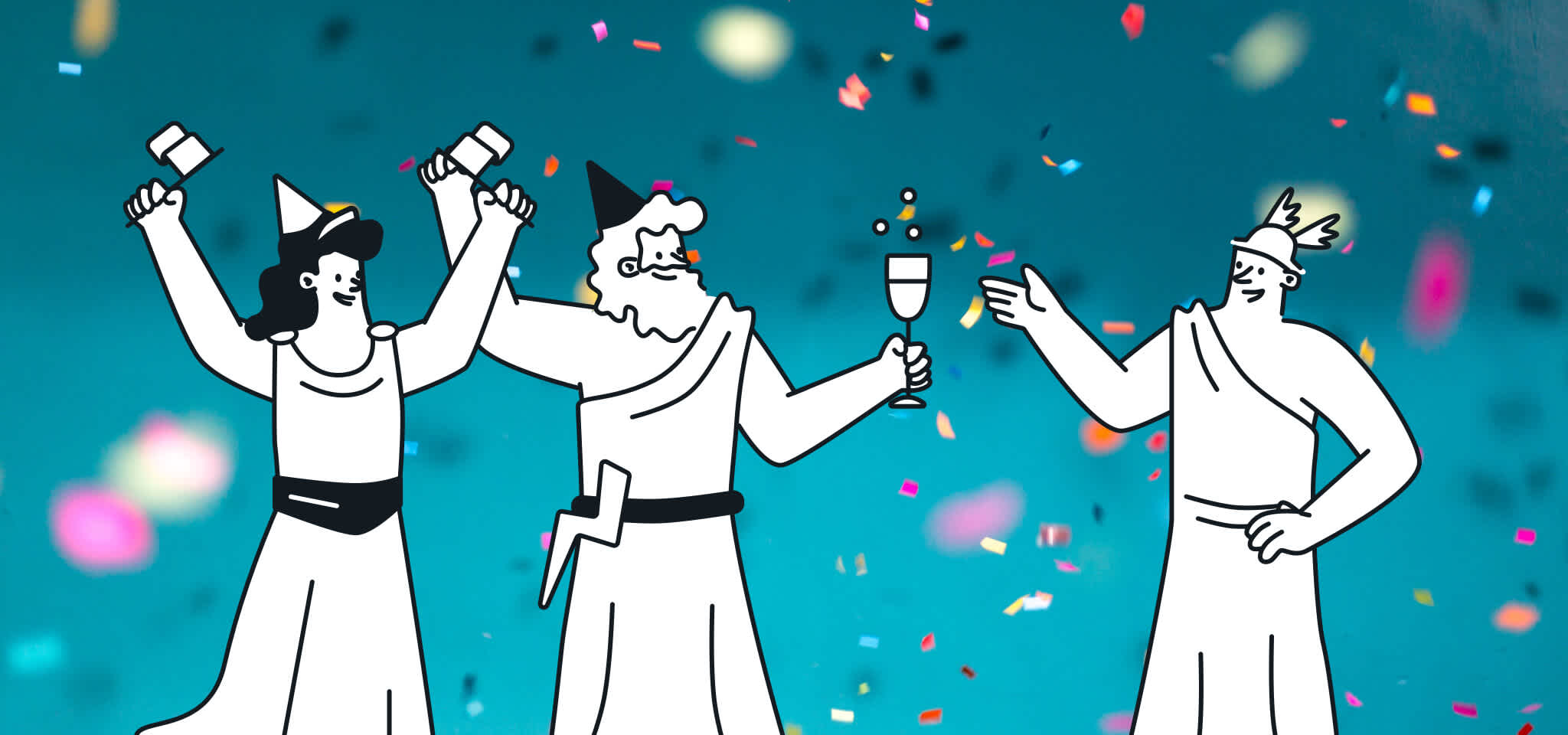Hermes and two other Gods celebrating a party in front of some confetti