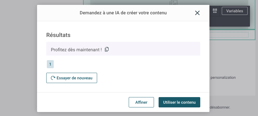 Exemple d’un CTA généré par IA à partir du générateur de texte de Sinch Mailjet