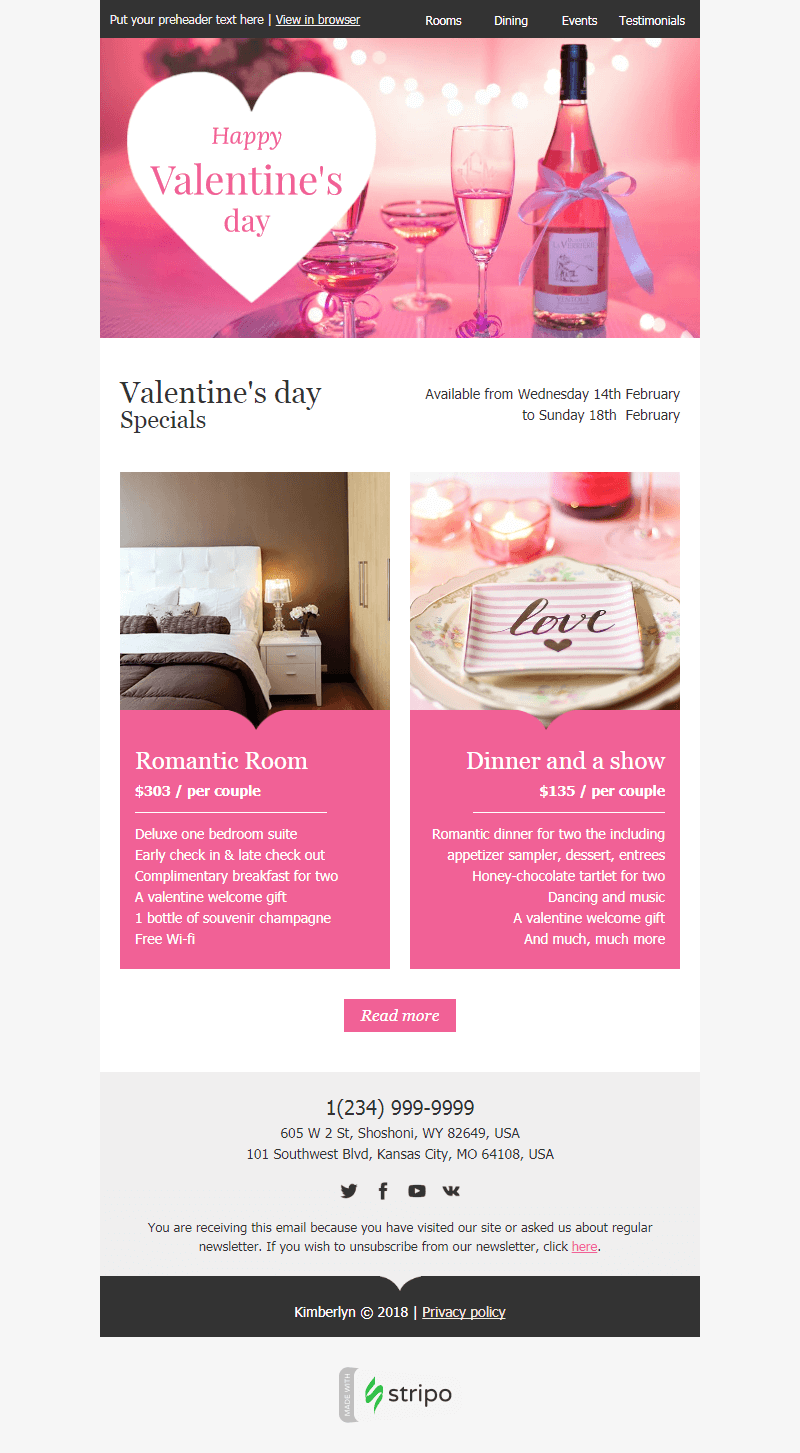 Abbildung eines Newsletters mit Angeboten zum Valentinstag für Hotels und Restaurants