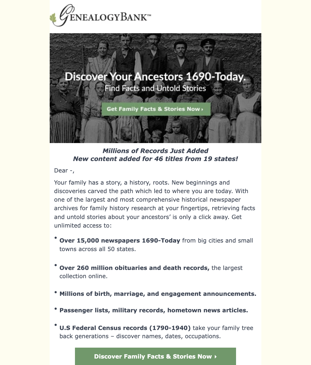 A screenshot of an email from GenealogyBank.
