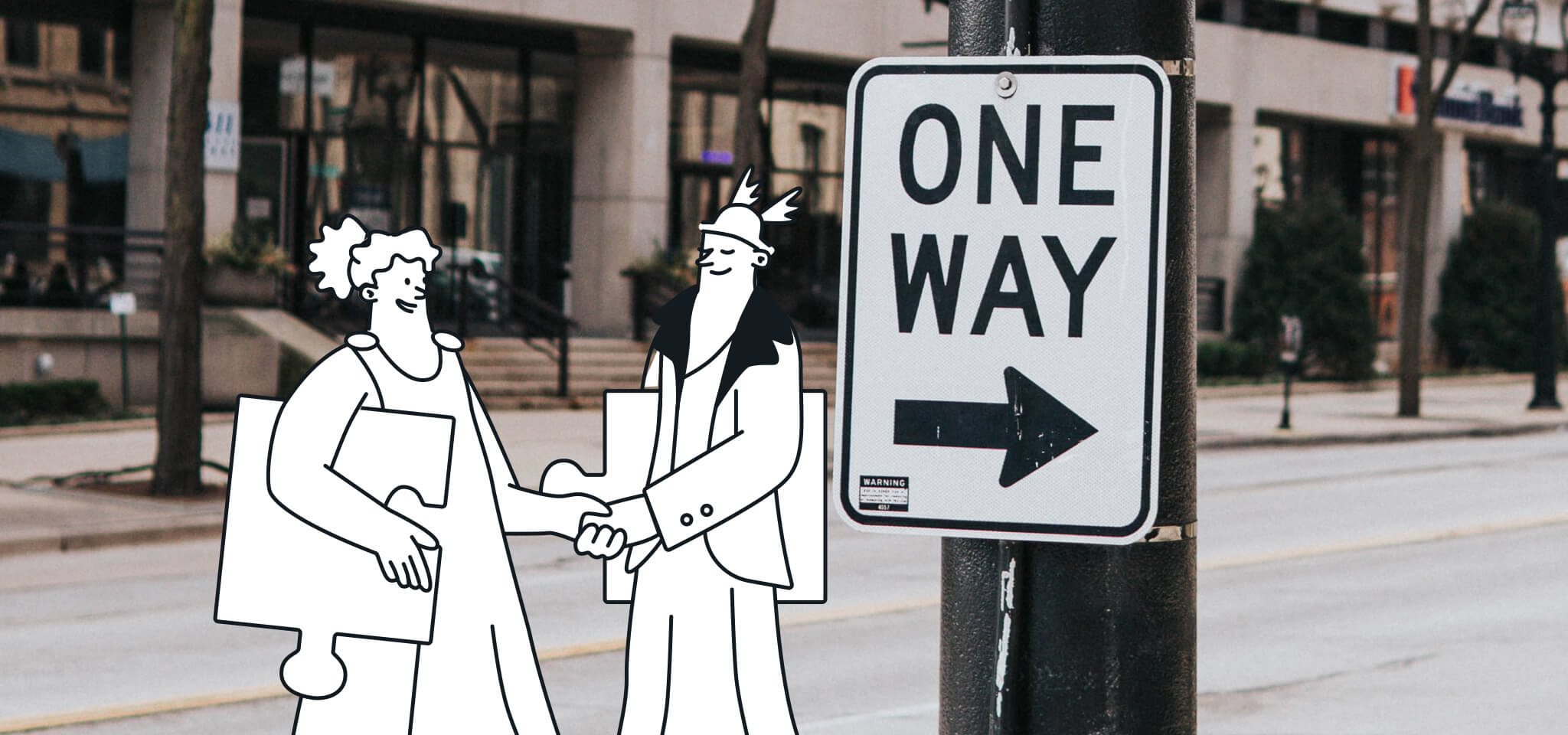 Hermes and a Goddess shake hands next to a one way sign