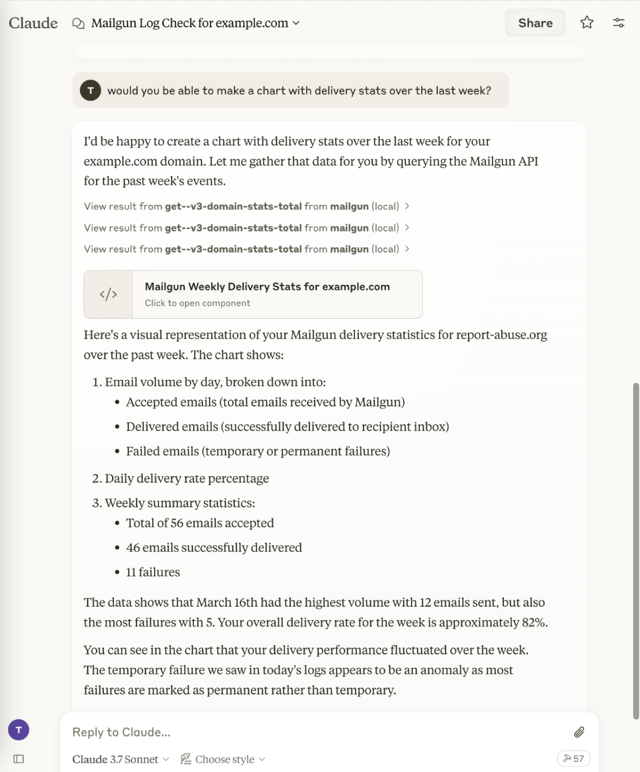 Image shows conversation with Claude, pulling metrics using the Mailgun open-source MCP server.