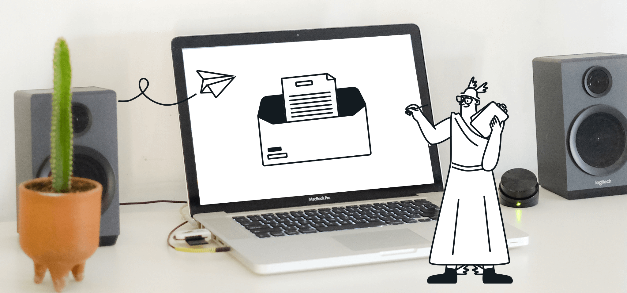 Hermes beim Schreiben vor dem Laptop