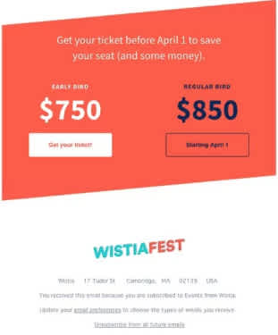Email para el evento Wistiafest con early bird