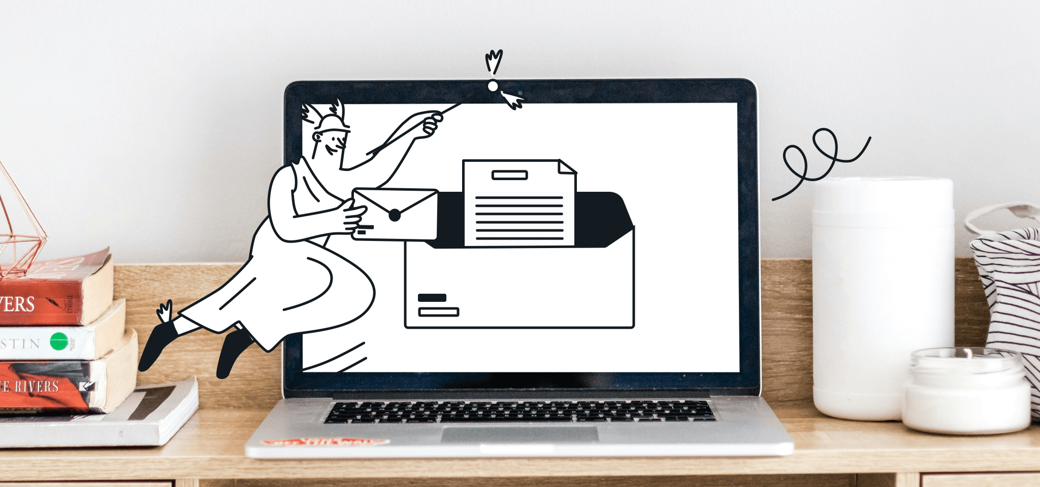 Hermes holds an email in front of the laptop screen