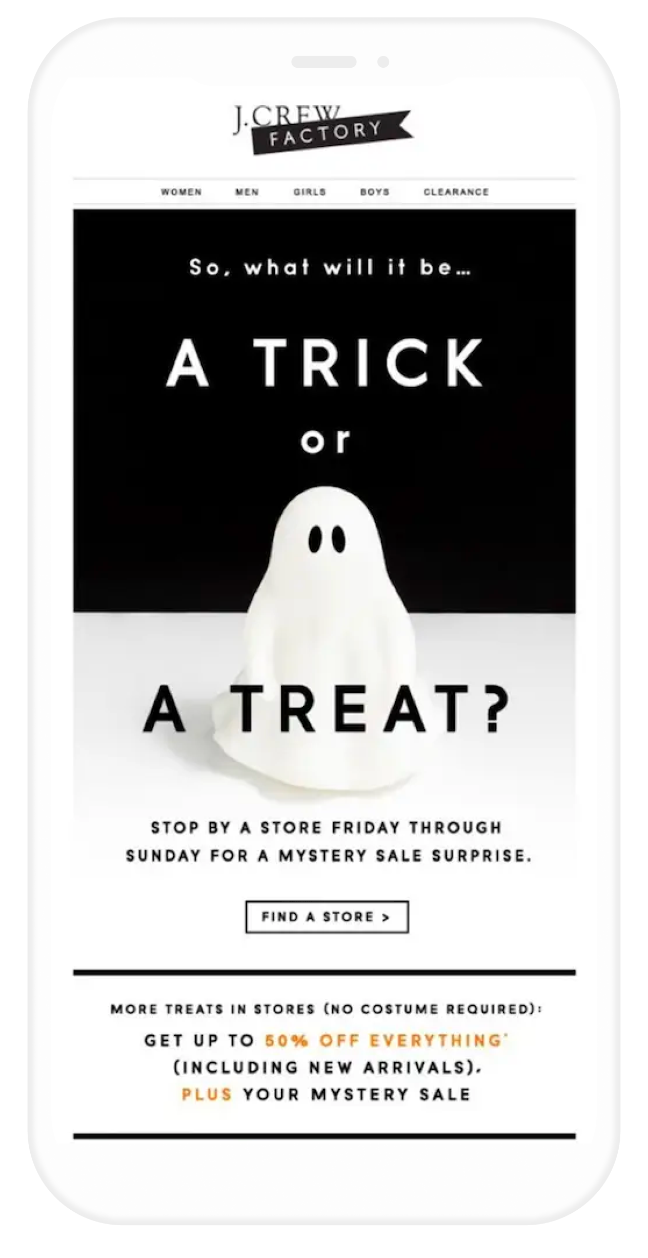 Email de J. Crew con un diseño sencillo e impactante para Halloween.